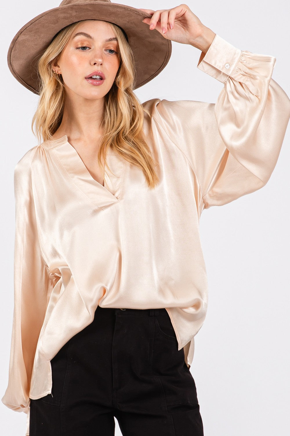 SAGE + FIG Notched Long Sleeve Blouse-4