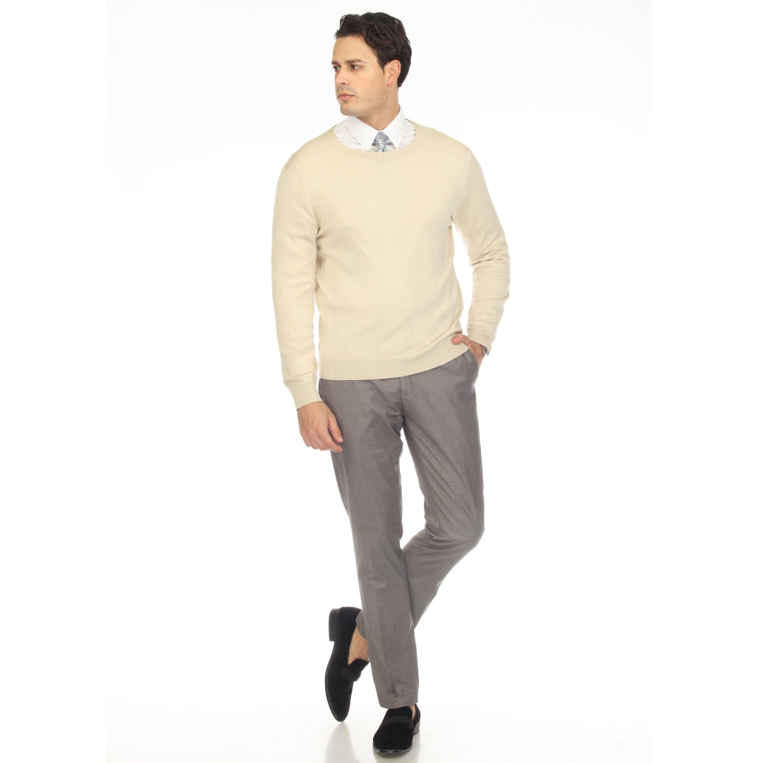 Sam Jacobi Men's Pullover Beige Knitted Sweater Crewneck Stylish Knitwear Long Sleeve Casual Slim Fit-3