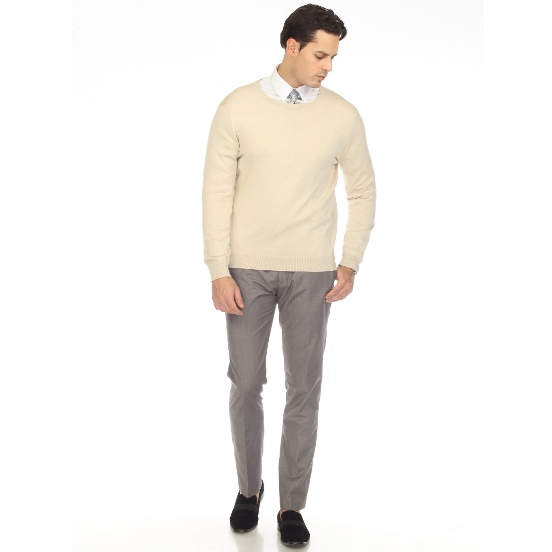 Sam Jacobi Men's Pullover Beige Knitted Sweater Crewneck Stylish Knitwear Long Sleeve Casual Slim Fit-4