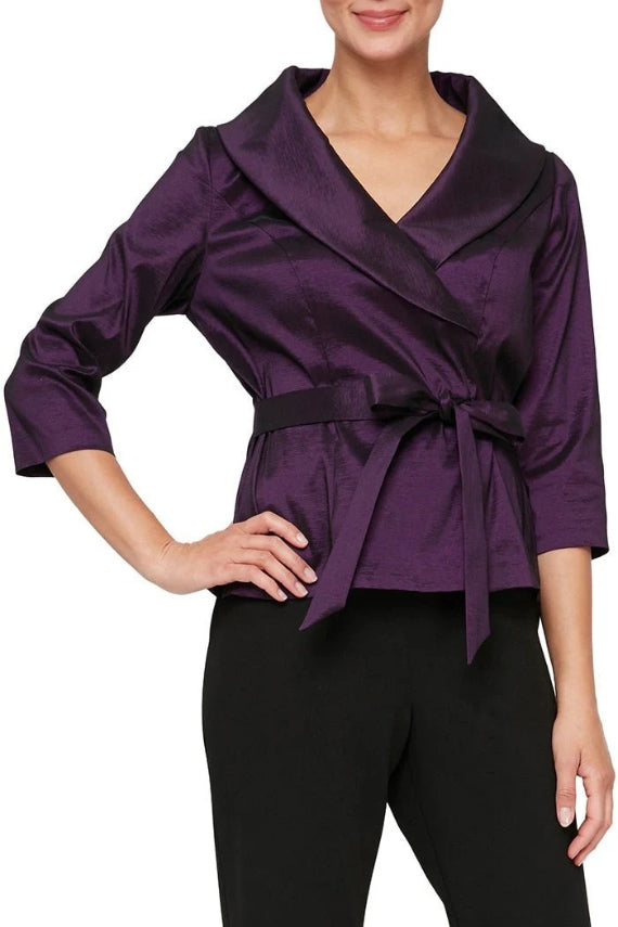 Alex Evenings 3/4 Sleeve Stretch Taffeta Blouse with Tie Waist Detail
