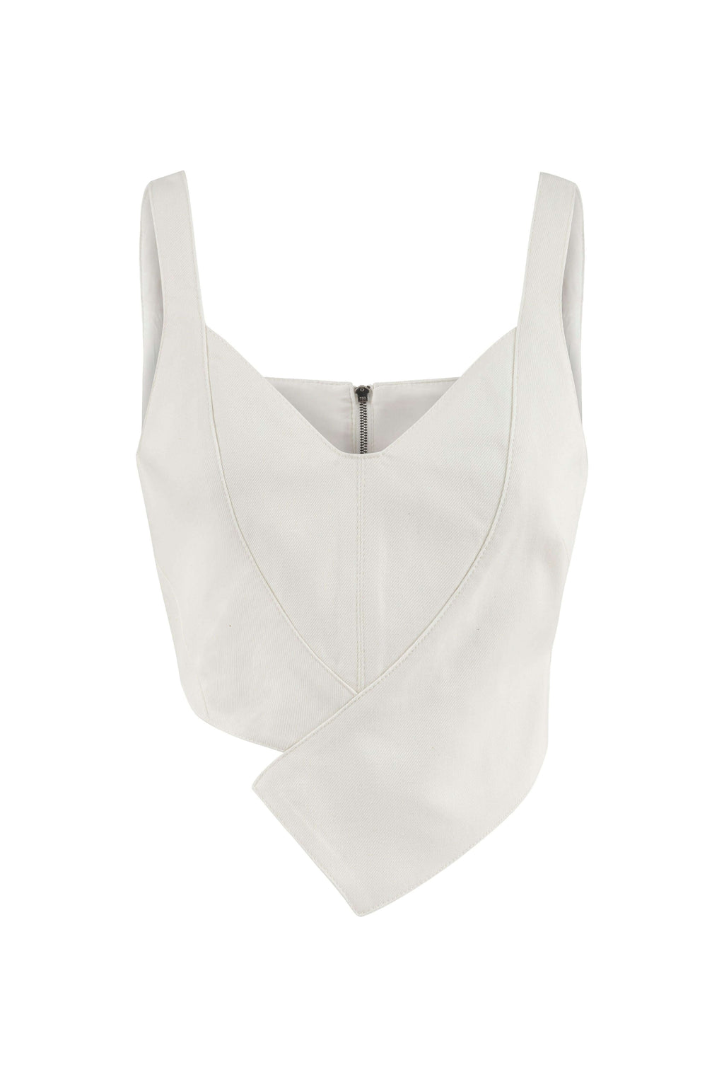 JENDUE Ron Crop Denim Top - Stylish White Asymmetrical Top-1