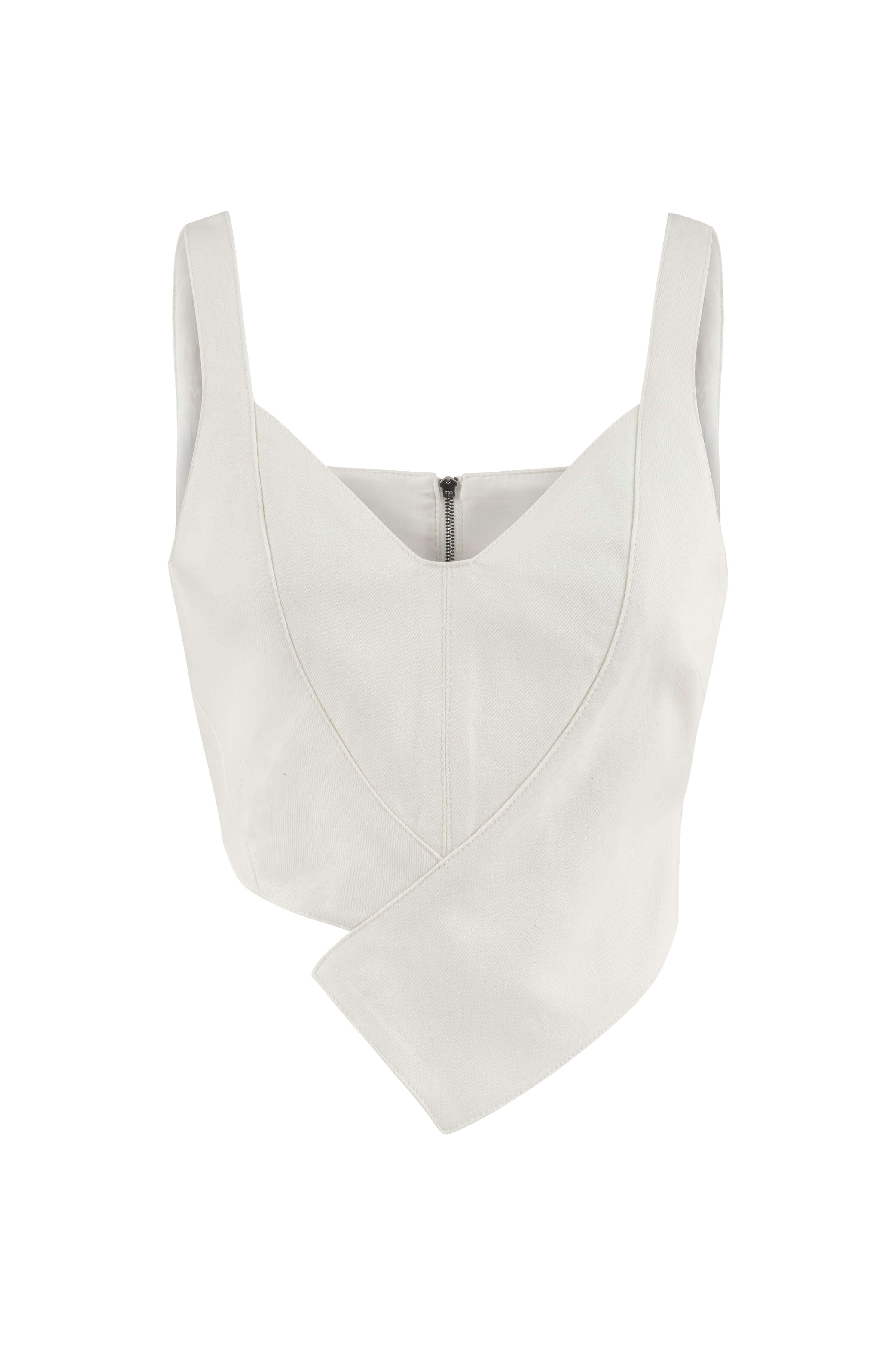 JENDUE Ron Crop Denim Top - Stylish White Asymmetrical Top-1