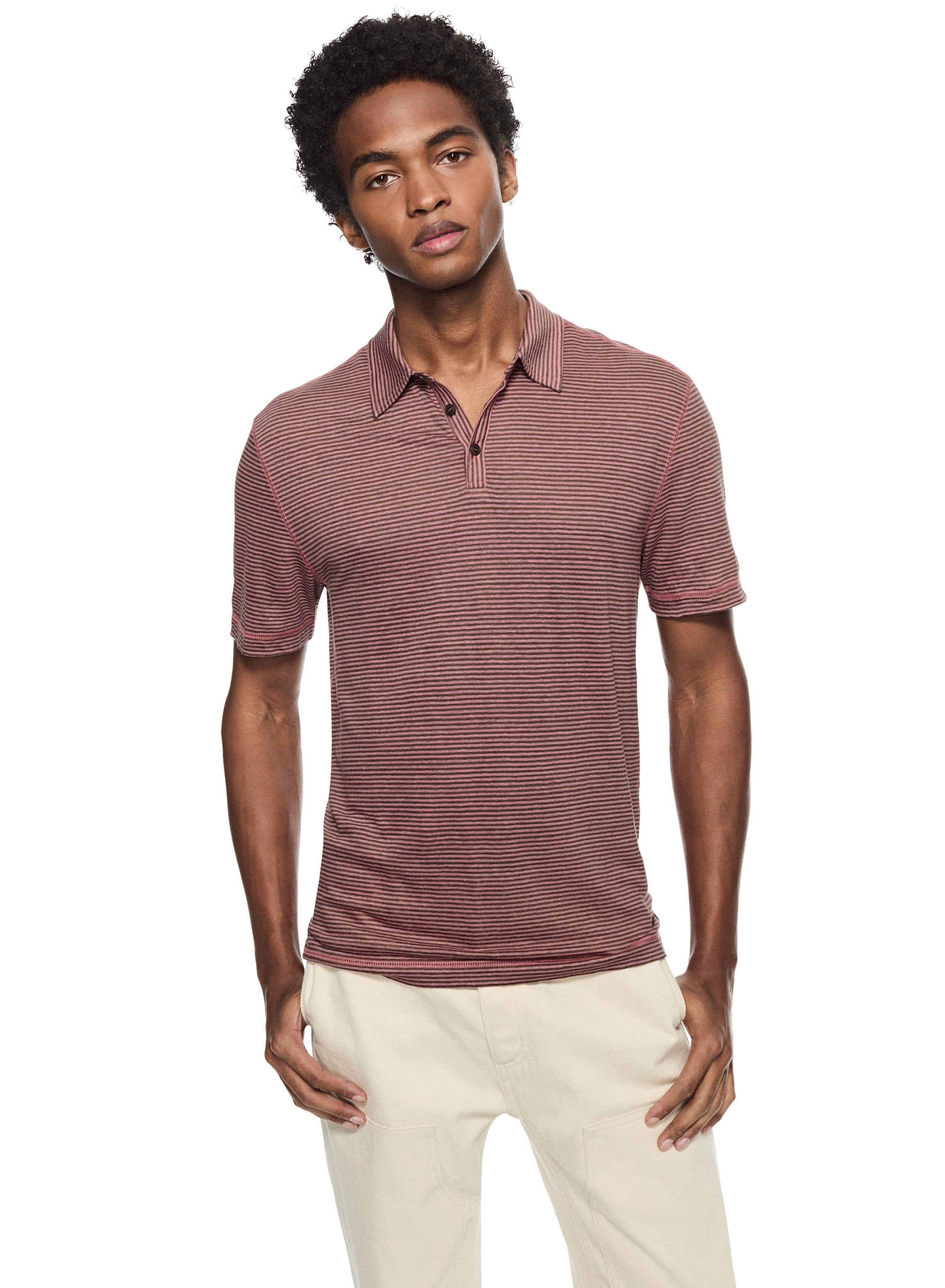Linen Stripe Polo Shirt (Dark Coral)