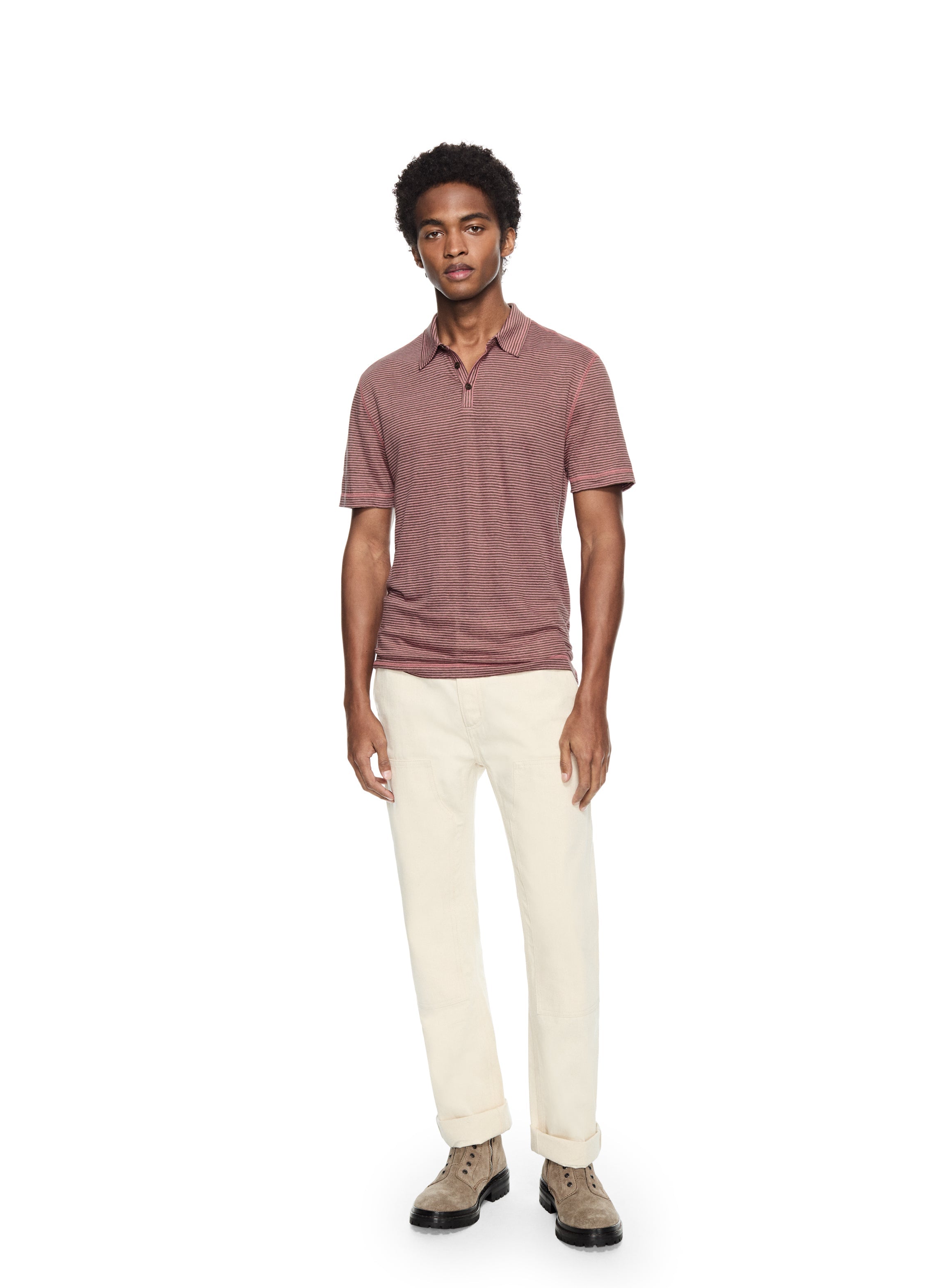 Linen Stripe Polo Shirt (Dark Coral)