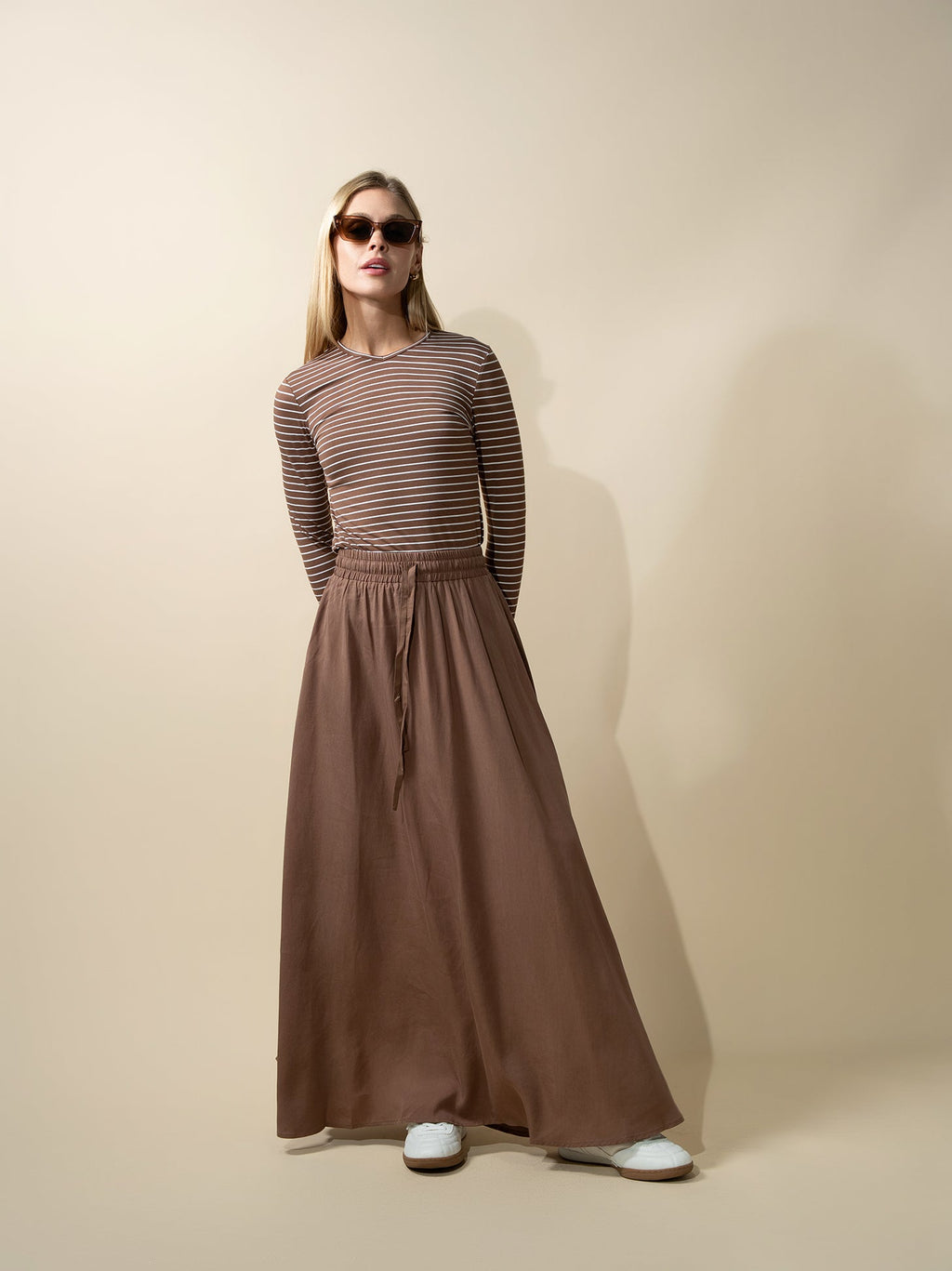 Drawstring Circle Skirt-Brown