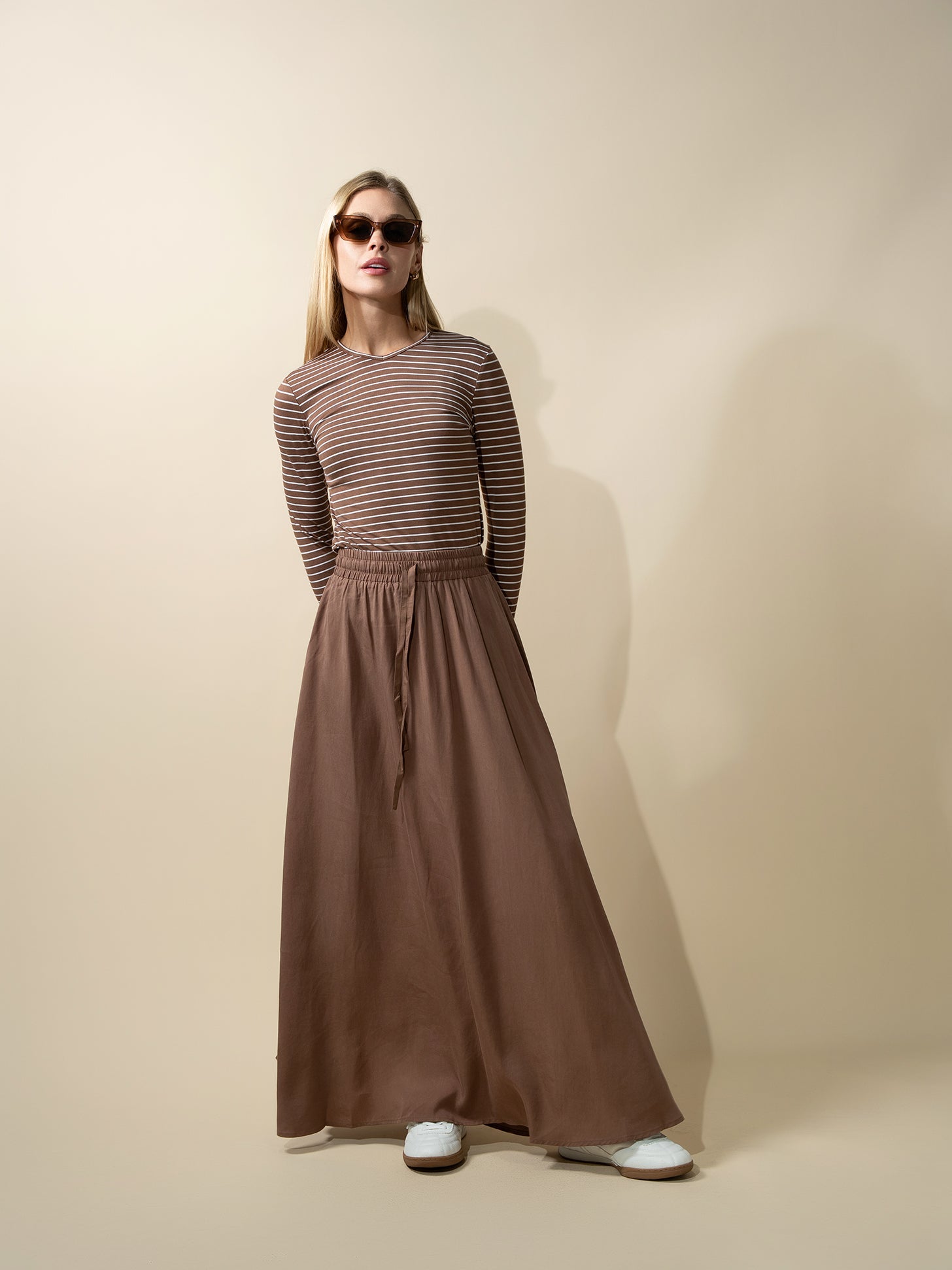 Drawstring Circle Skirt-Brown