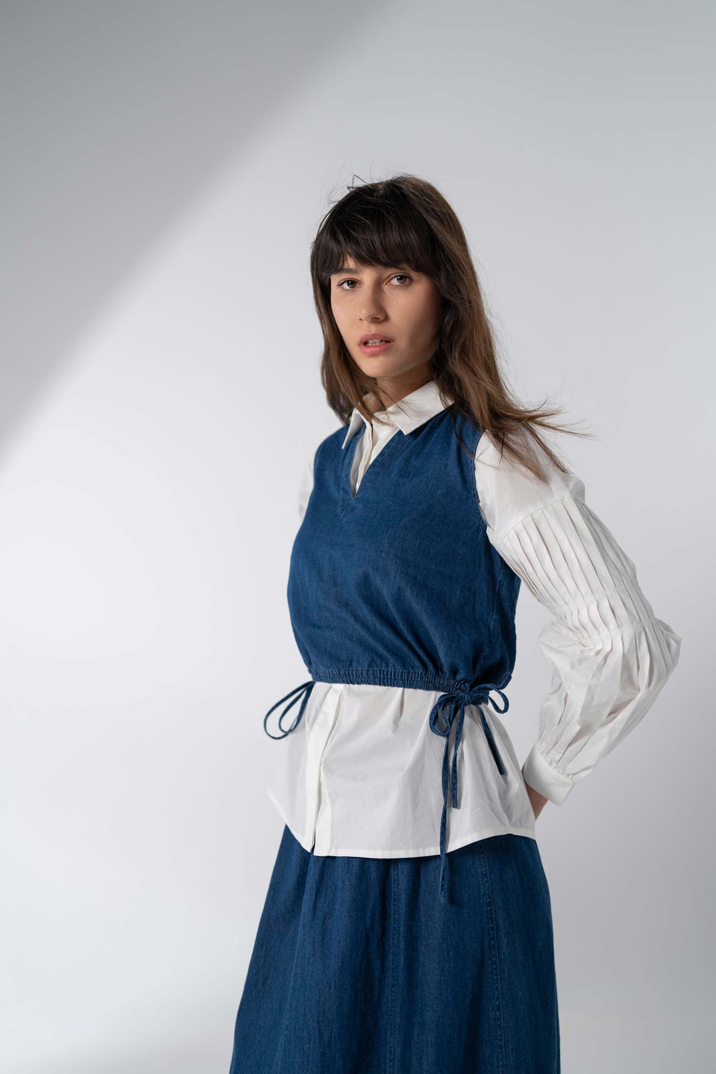 Pleated Sleeve Detail Blouse-White-4