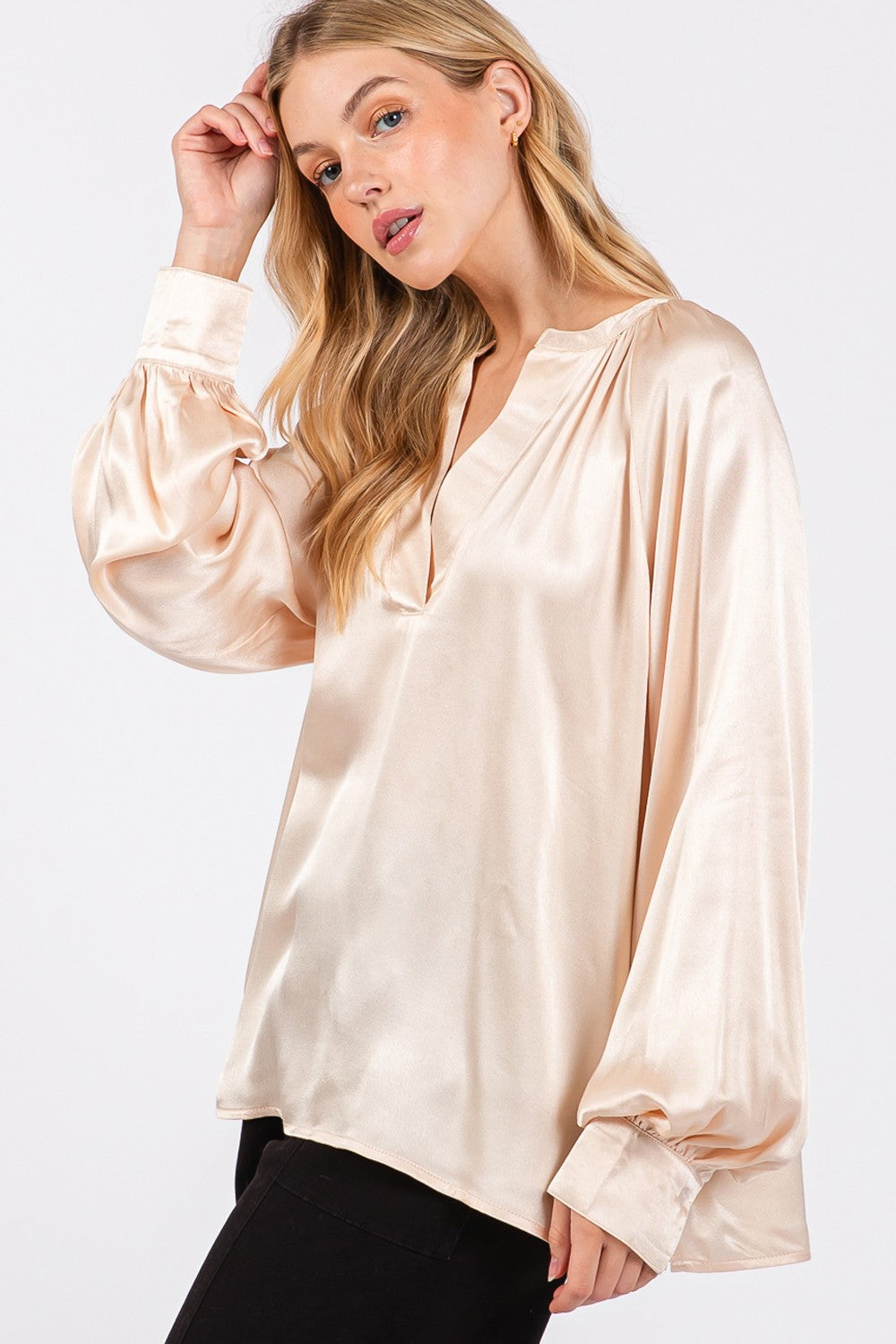 SAGE + FIG Notched Long Sleeve Blouse-3