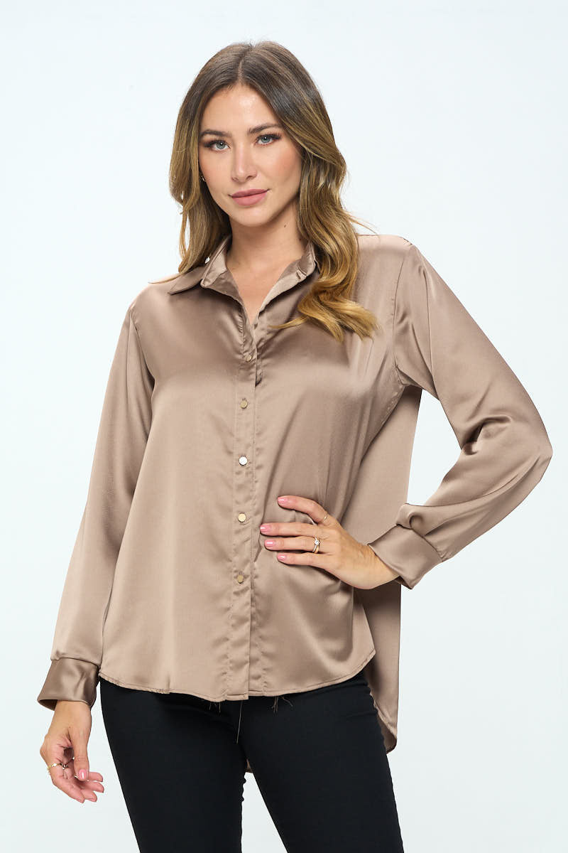 Stretch Satin V neck Blouse with Collar-1