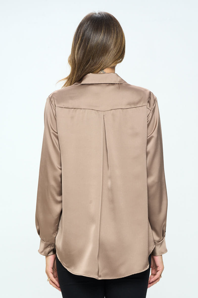 Stretch Satin V neck Blouse with Collar-3