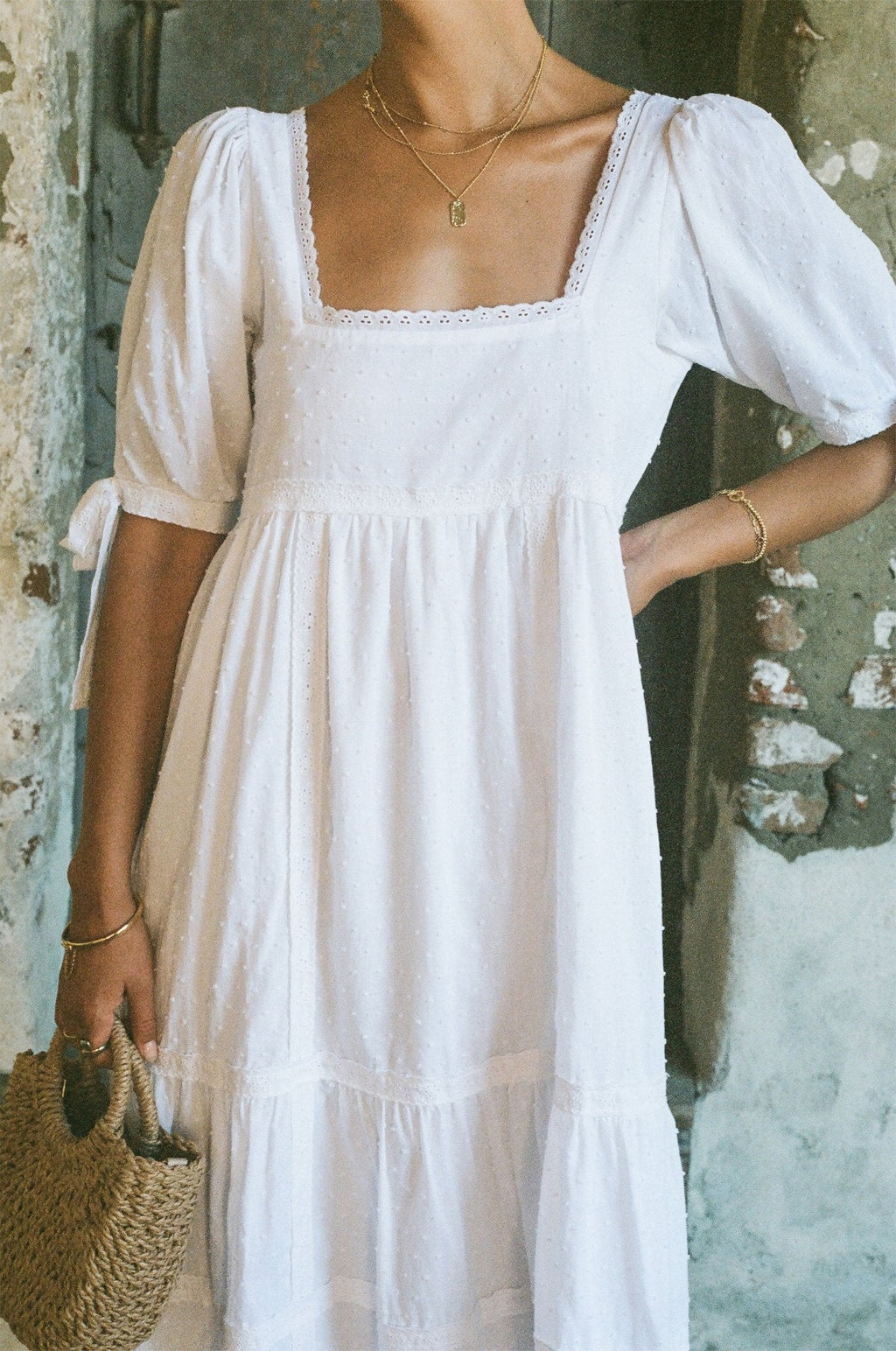 Parker Dress - White Cotton Swiss Dot Dress With Lace Trim