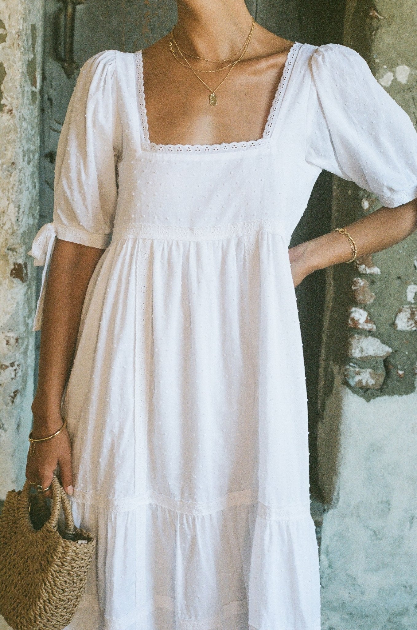 Parker Dress - White Cotton Swiss Dot Dress With Lace Trim