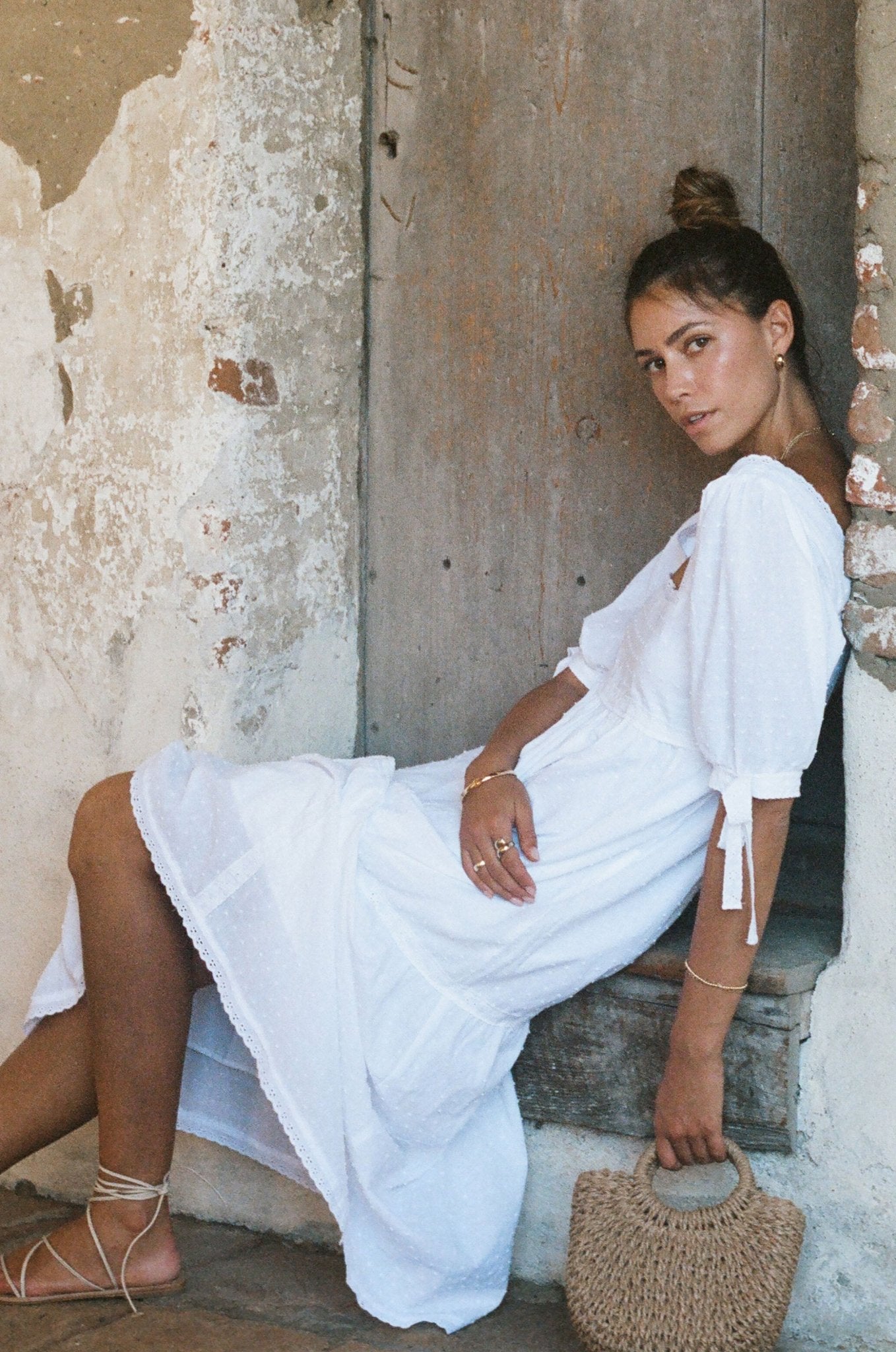 Parker Dress - White Cotton Swiss Dot Dress With Lace Trim