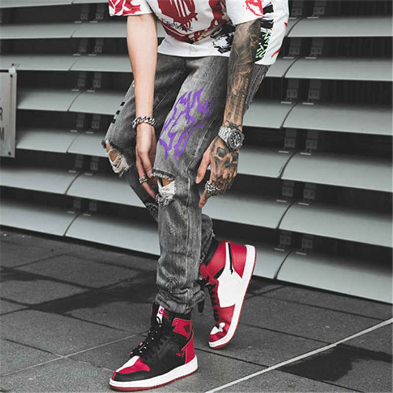 Hip Hop Men Jogger Denim Pants Skinny Washed Distressed Jeans Graffiti Print Streetwear Destroyed Ripped Jeans-1
