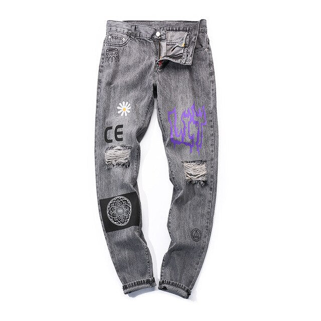 Hip Hop Men Jogger Denim Pants Skinny Washed Distressed Jeans Graffiti Print Streetwear Destroyed Ripped Jeans-5