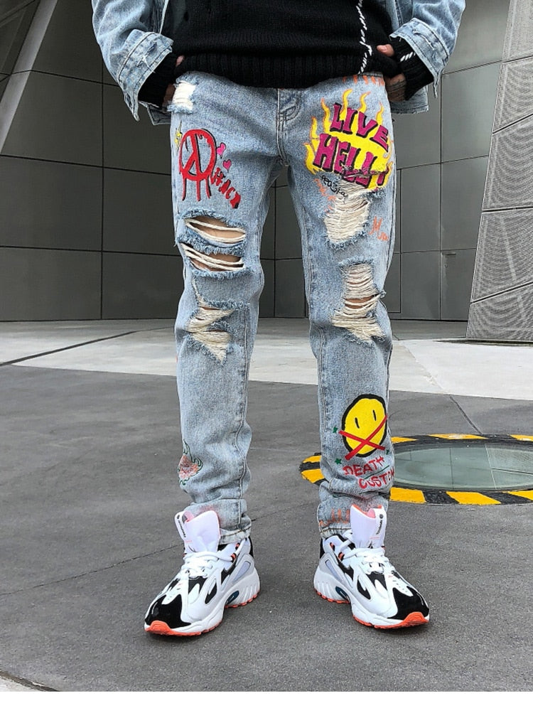 Men Broken Hole Trousers Cute Letter Print Jeans High Street Casual Streetwear-4