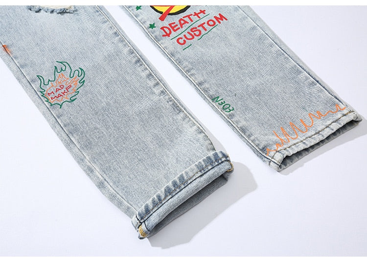Men Broken Hole Trousers Cute Letter Print Jeans High Street Casual Streetwear-1
