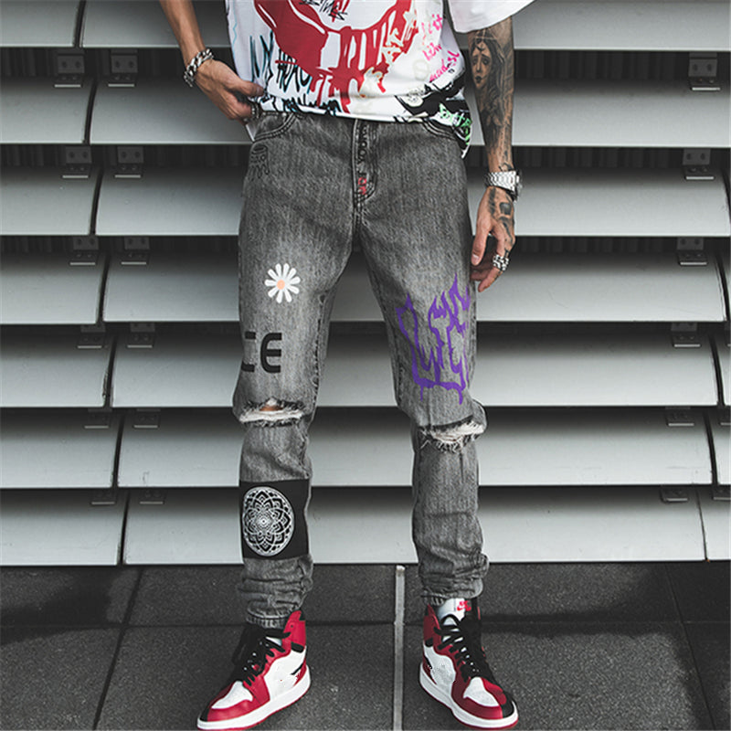 Hip Hop Men Jogger Denim Pants Skinny Washed Distressed Jeans Graffiti Print Streetwear Destroyed Ripped Jeans-0