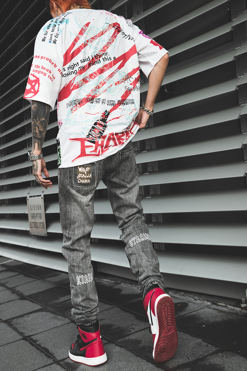 Hip Hop Men Jogger Denim Pants Skinny Washed Distressed Jeans Graffiti Print Streetwear Destroyed Ripped Jeans-2